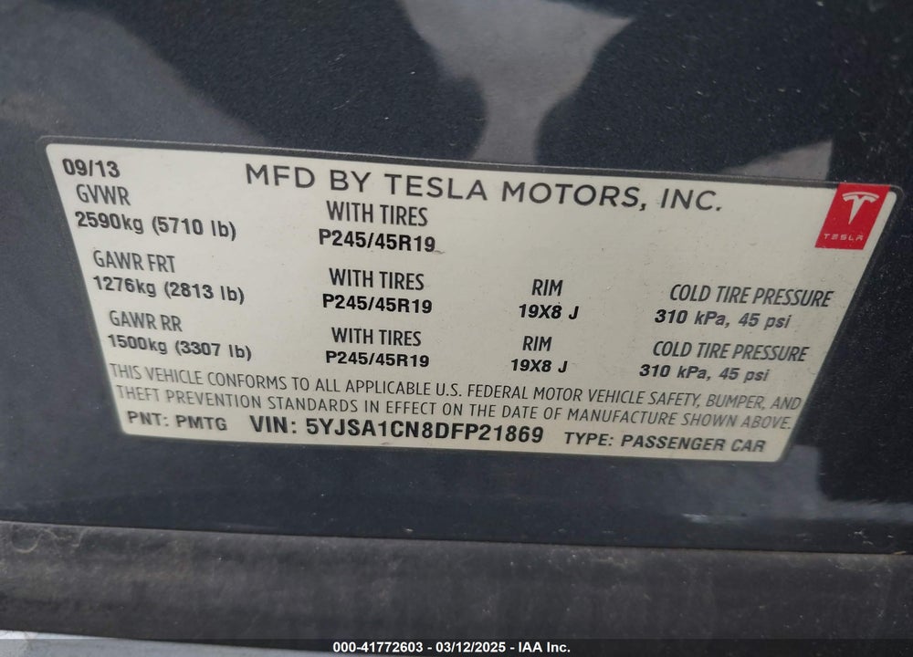 2013 TESLA MODEL S VIN: 5YJSA1CN8DFP21869