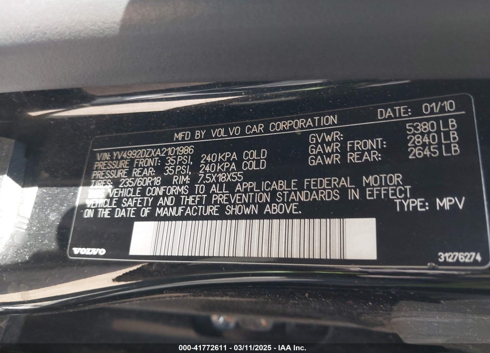 2010 VOLVO XC60 VIN: YV4992DZXA2101986