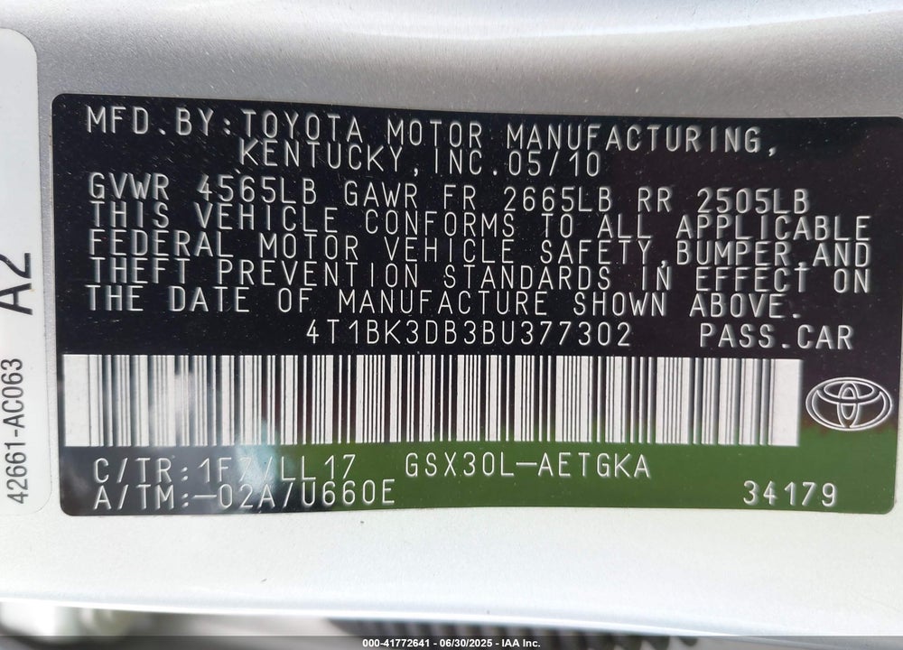 2011 TOYOTA AVALON VIN: 4T1BK3DB3BU377302