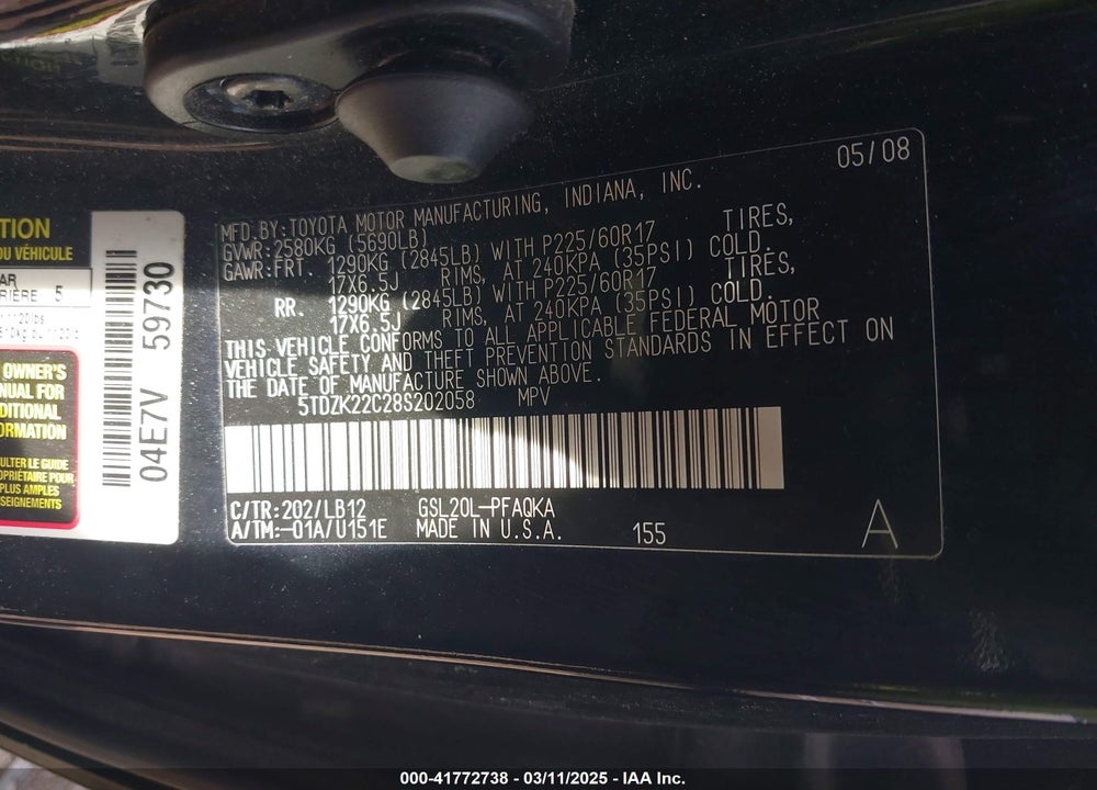 2008 TOYOTA SIENNA VIN: 5TDZK22C28S202058