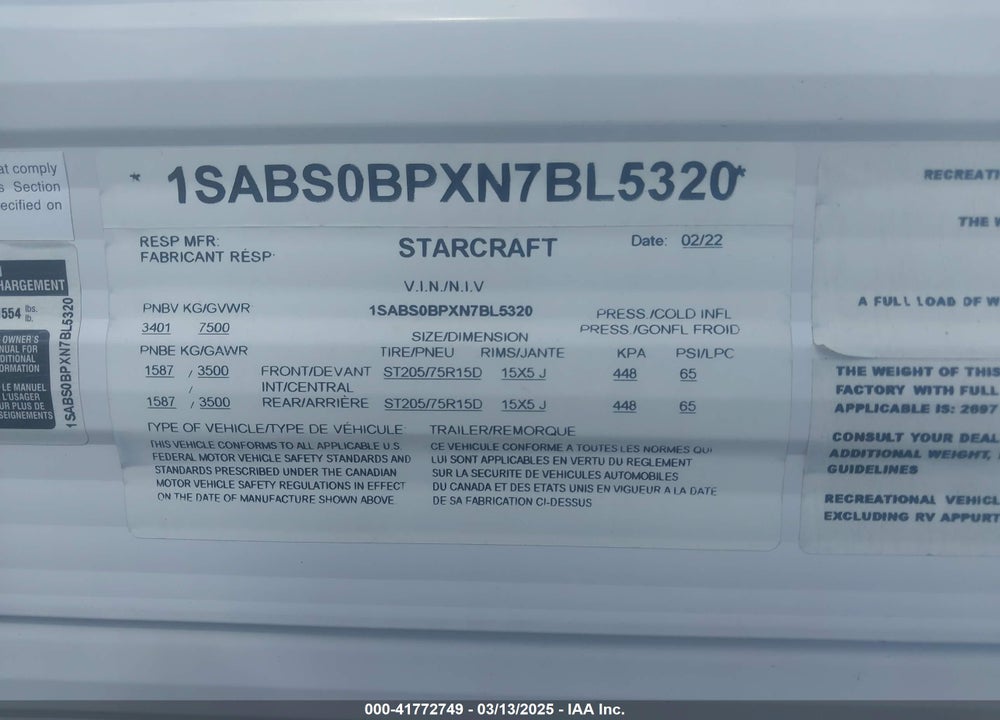 2022 STARCRAFT AUTUMN RIDGE SERIES VIN: 1SABS0BPXN7BL5320