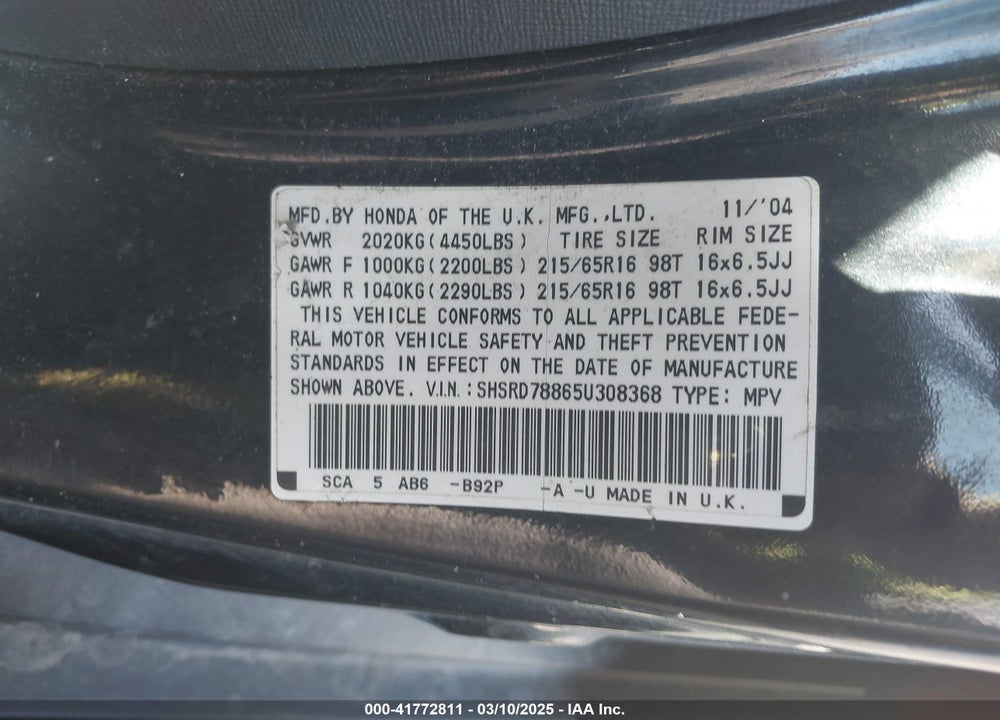 2005 HONDA CR-V VIN: SHSRD78865U308368