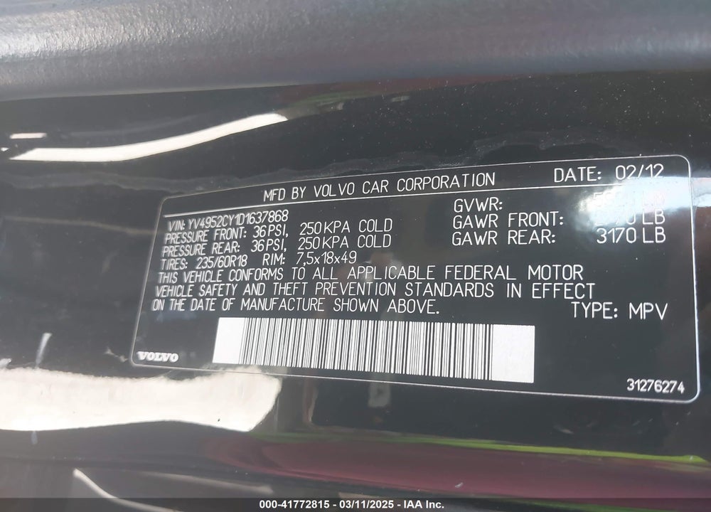 2013 VOLVO XC90 VIN: YV4952CY1D1637868