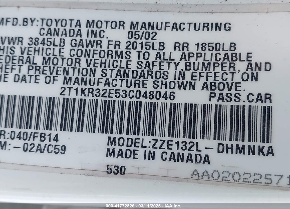 2003 TOYOTA MATRIX/XR VIN: 2T1KR32E53C048046