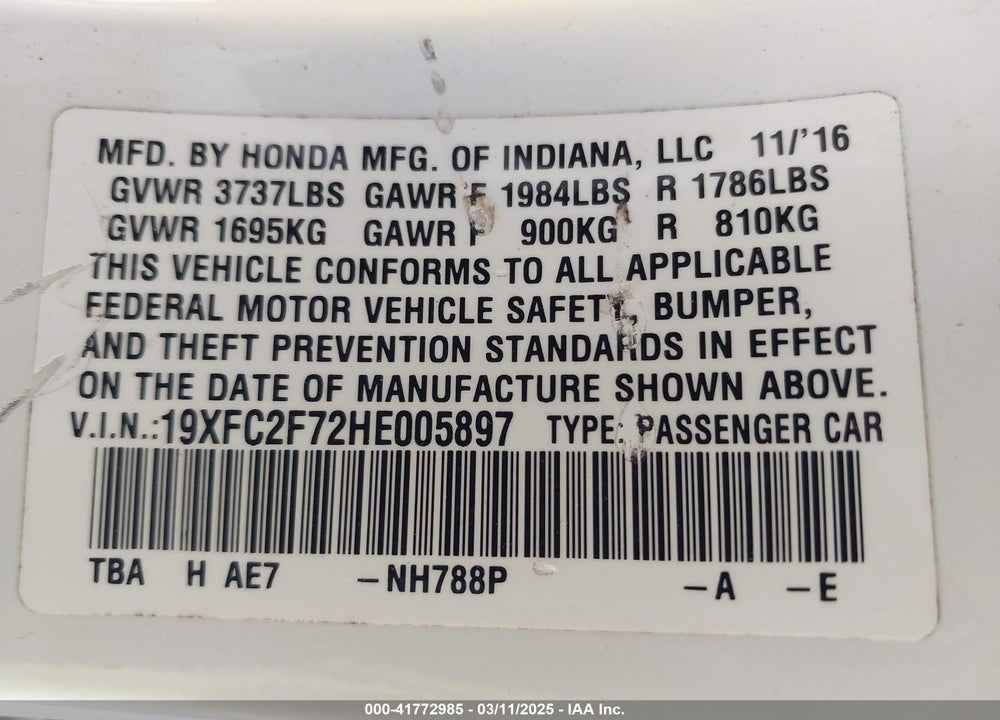 2017 HONDA CIVIC VIN: 19XFC2F72HE005897