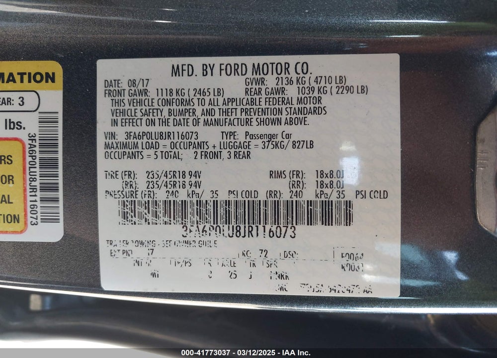 2018 FORD FUSION HYBRID VIN: 3FA6P0LU8JR116073