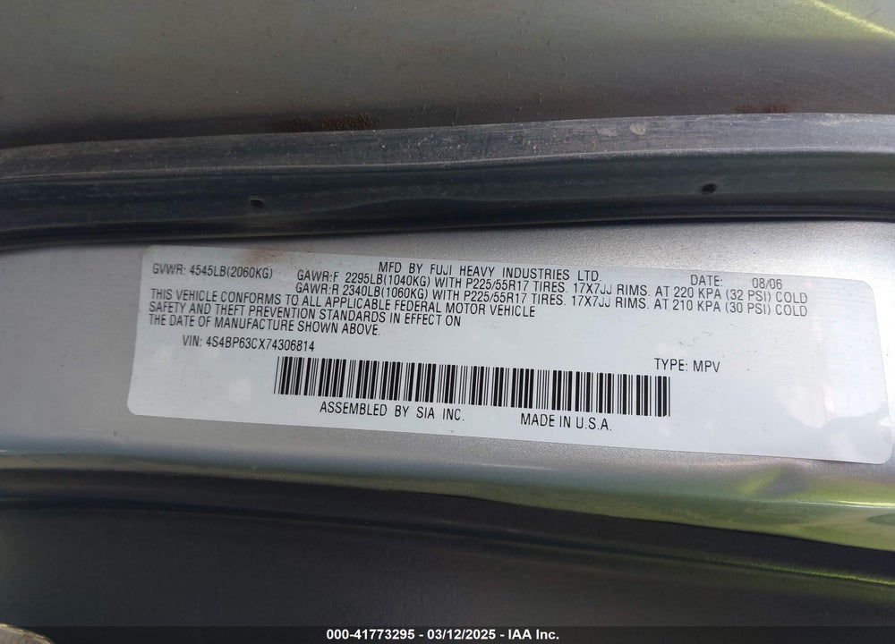 2007 SUBARU LEGACY VIN: 4S4BP63CX74306814