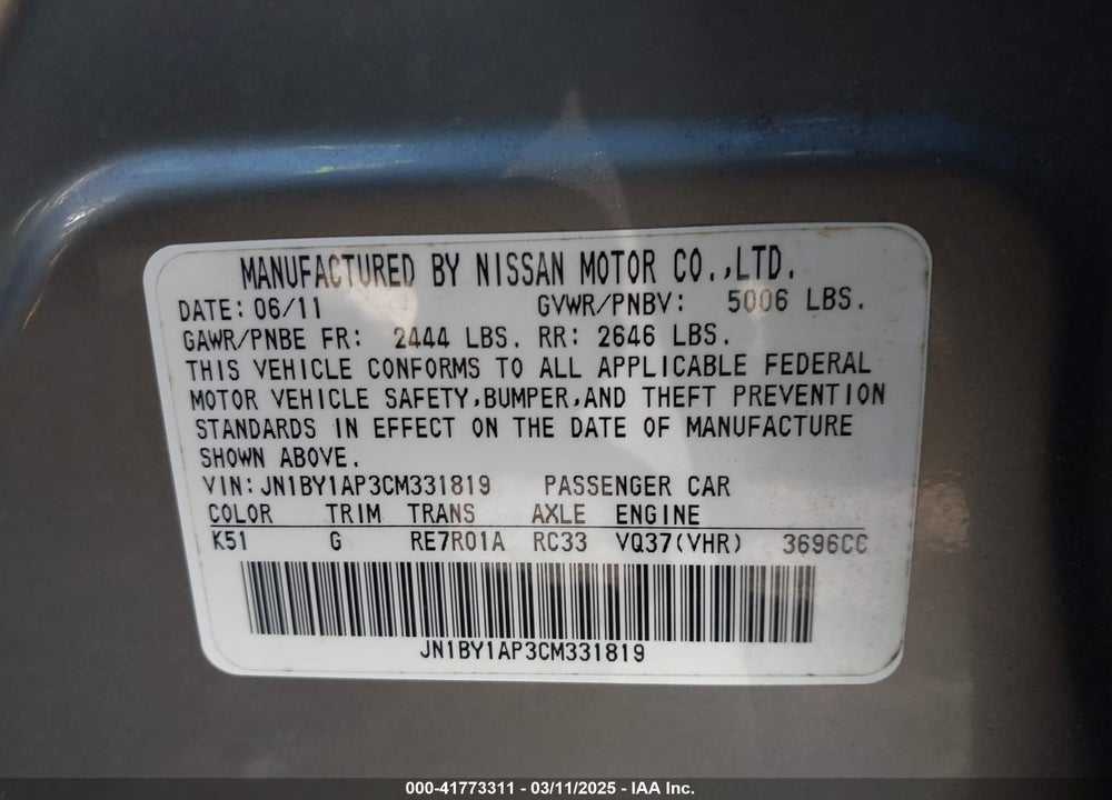 2012 INFINITI M37 VIN: JN1BY1AP3CM331819