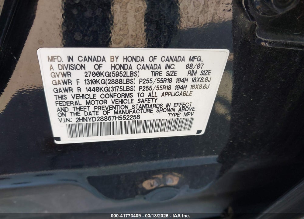 2007 ACURA MDX VIN: 2HNYD28867H552258