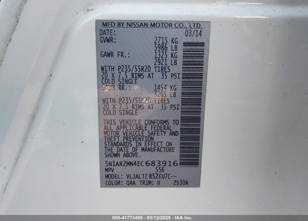 2014 NISSAN PATHFINDER VIN: 5N1AR2MN4EC683916