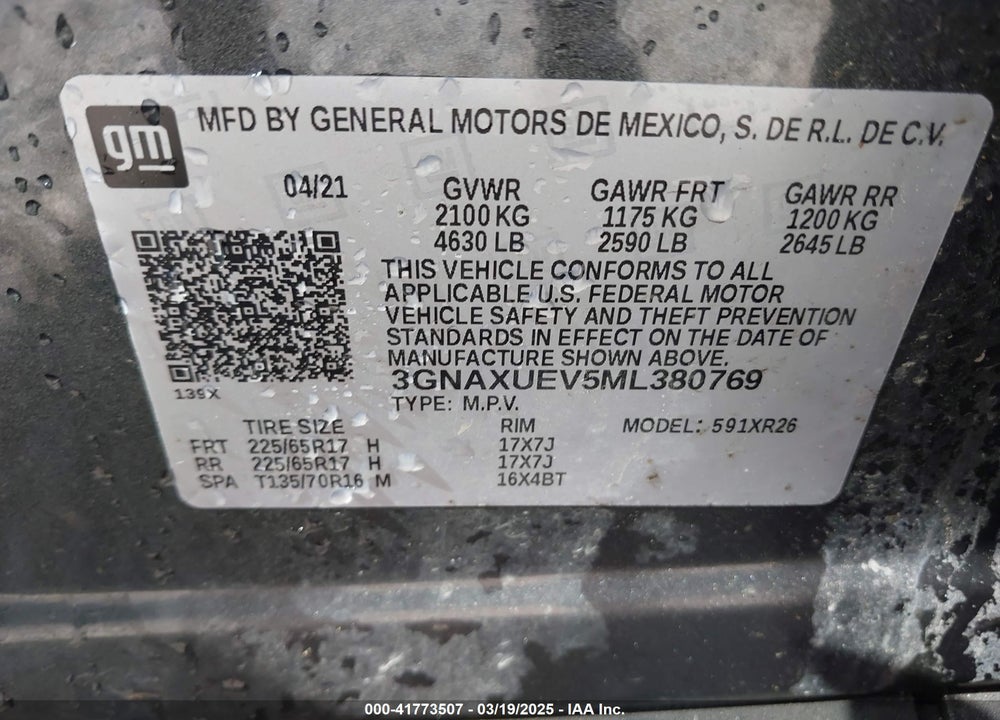 2021 CHEVROLET EQUINOX VIN: 3GNAXUEV5ML380769
