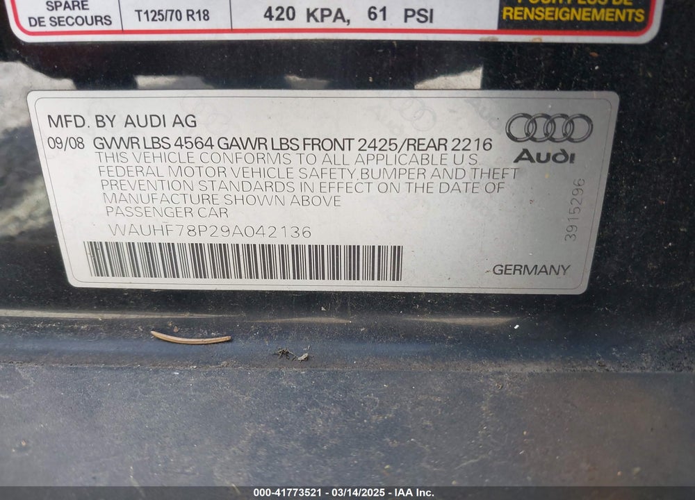 2009 AUDI A3 VIN: WAUHF78P29A042136