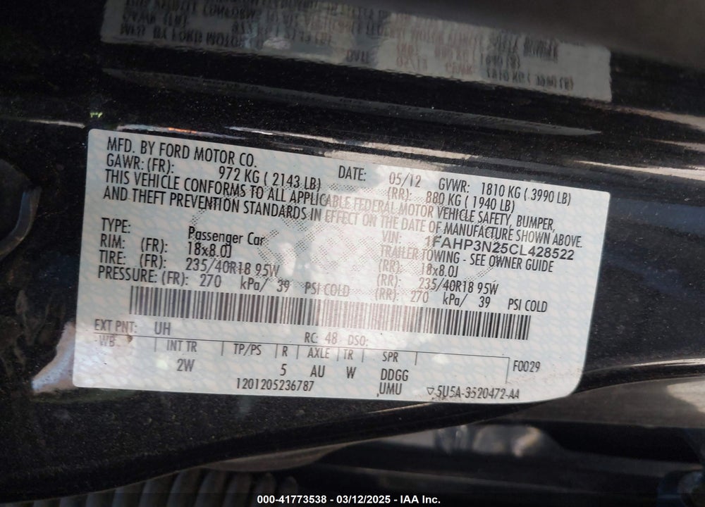 2012 FORD FOCUS VIN: 1FAHP3N25CL428522