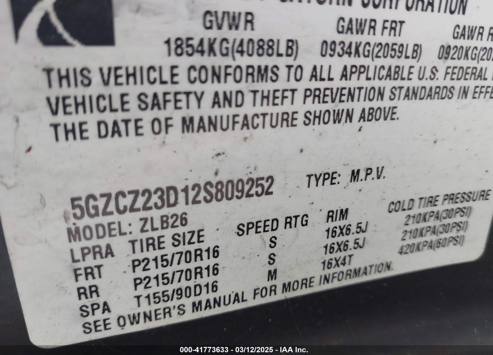 2002 SATURN VUE VIN: 5GZCZ23D12S809252