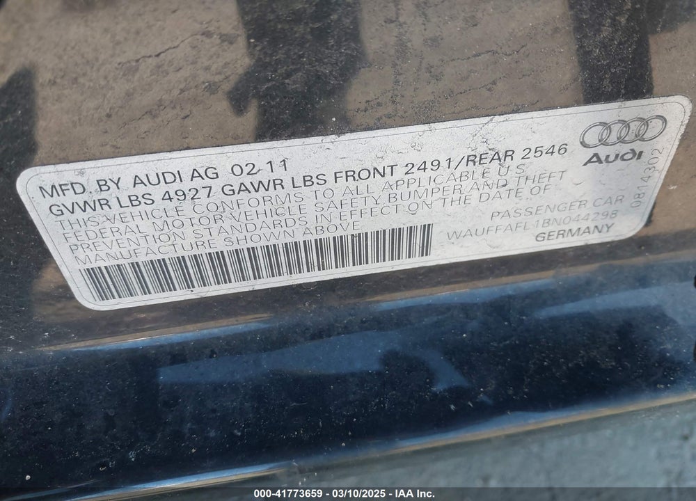 2011 AUDI A4 2.0T PREMIUM VIN: WAUFFAFL1BN044298