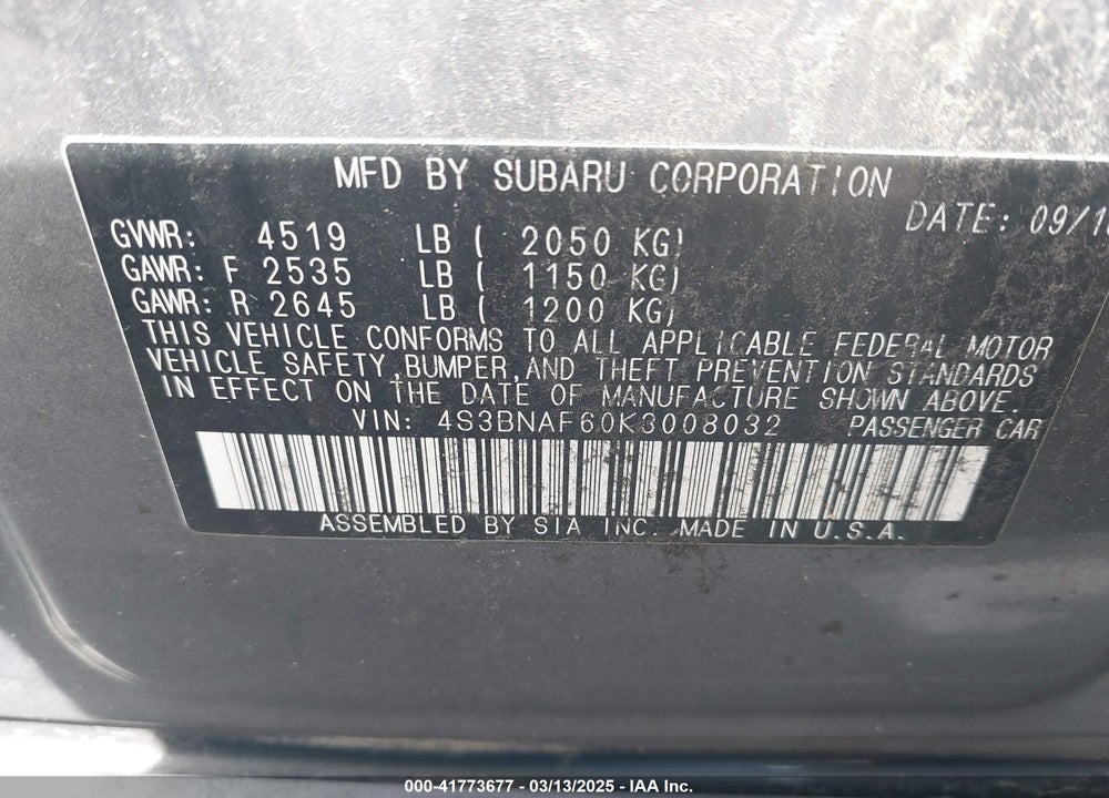2019 SUBARU LEGACY VIN: 4S3BNAF60K3008032