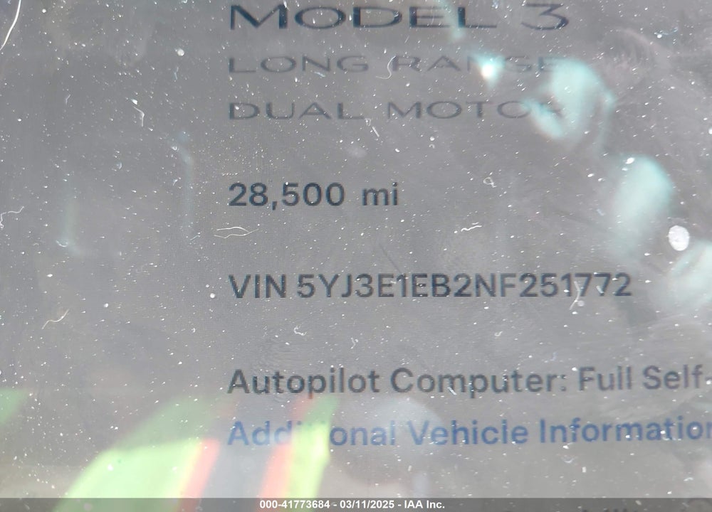 2022 TESLA MODEL 3 LONG RANGE DUAL MOTOR ALL-WHEEL DRIVE VIN: 5YJ3E1EB2NF251772