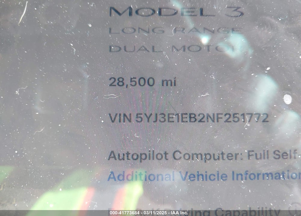 2022 TESLA MODEL 3 LONG RANGE DUAL MOTOR ALL-WHEEL DRIVE VIN: 5YJ3E1EB2NF251772