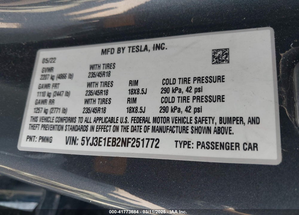 2022 TESLA MODEL 3 LONG RANGE DUAL MOTOR ALL-WHEEL DRIVE VIN: 5YJ3E1EB2NF251772