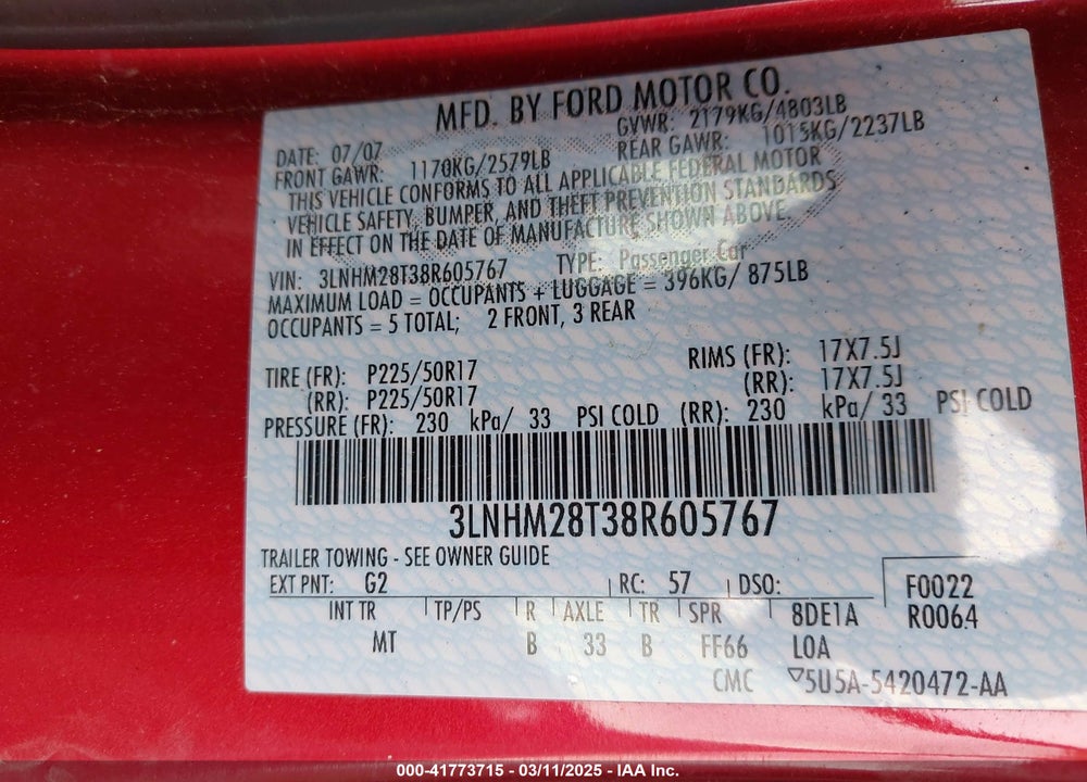 2008 LINCOLN MKZ VIN: 3LNHM28T38R605767