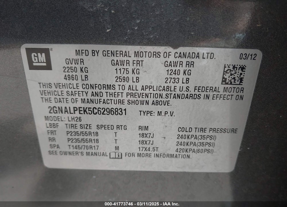 2012 CHEVROLET EQUINOX VIN: 2GNALPEK5C6296831