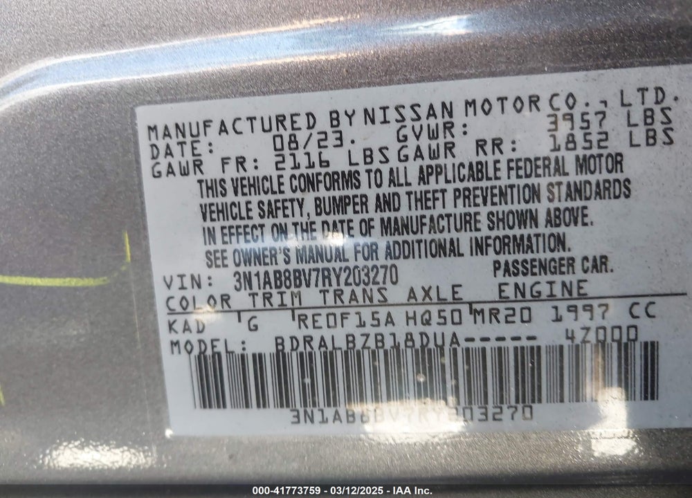 2024 NISSAN SENTRA VIN: 3N1AB8BV7RY203270