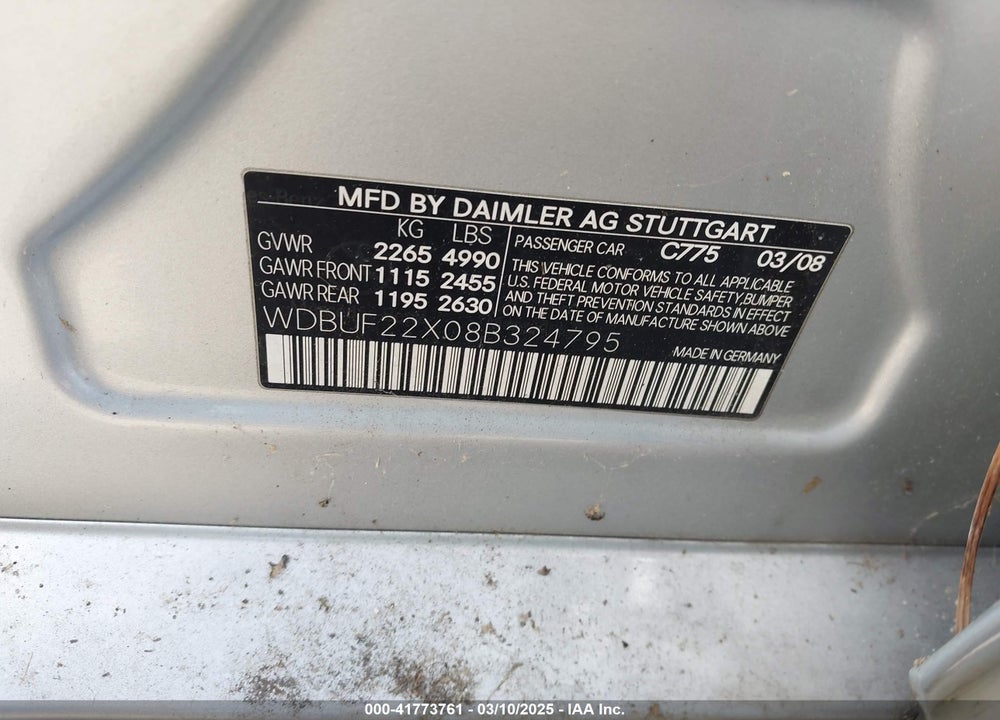 2008 MERCEDES-BENZ E 320 BLUETEC VIN: WDBUF22X08B324795