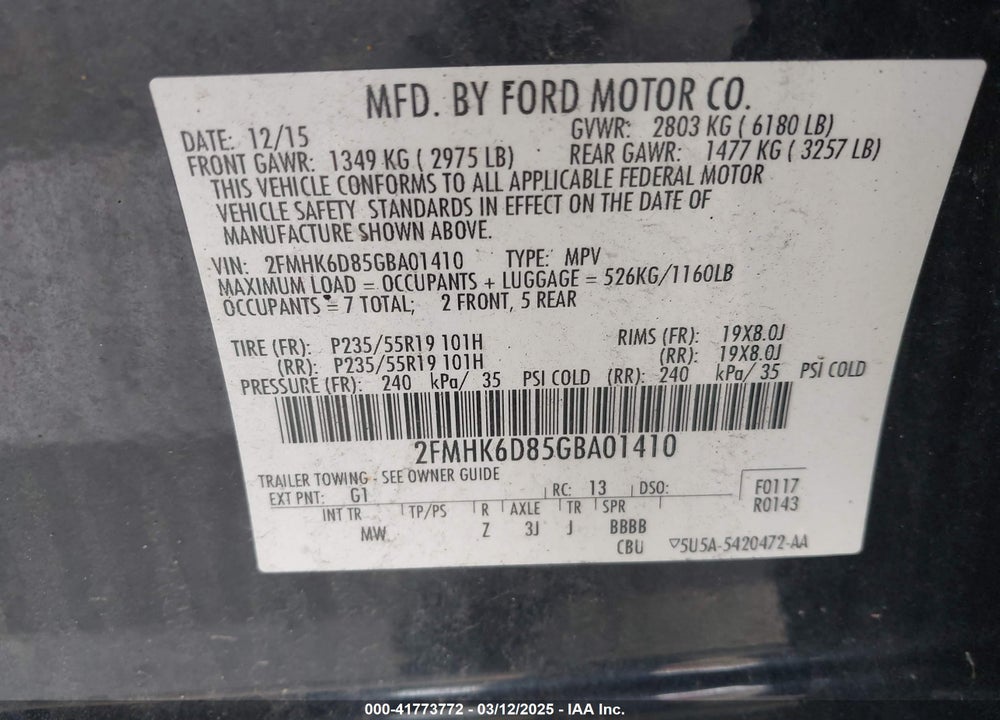 2016 FORD FLEX VIN: 2FMHK6D85GBA01410