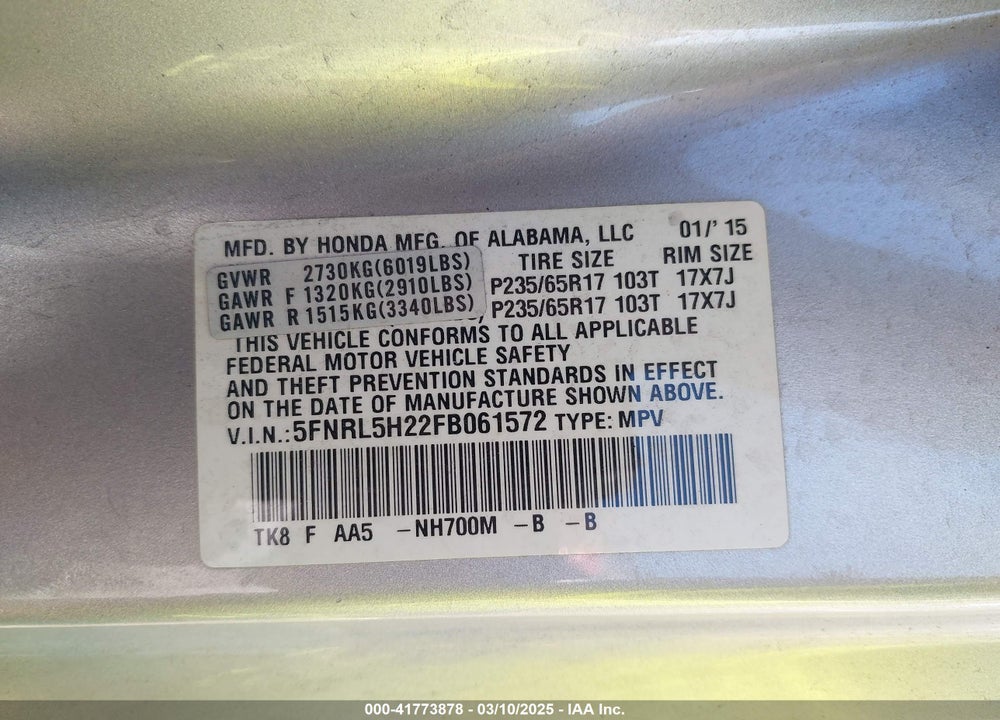 2015 HONDA ODYSSEY LX VIN: 5FNRL5H22FB061572