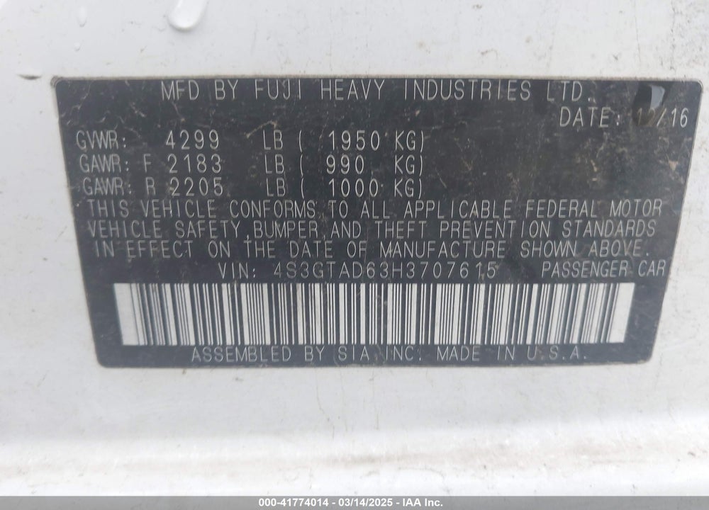 2017 SUBARU IMPREZA VIN: 4S3GTAD63H3707615
