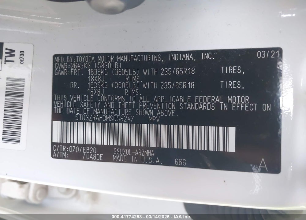 2021 TOYOTA HIGHLANDER VIN: 5TDGZRAH3MS058247