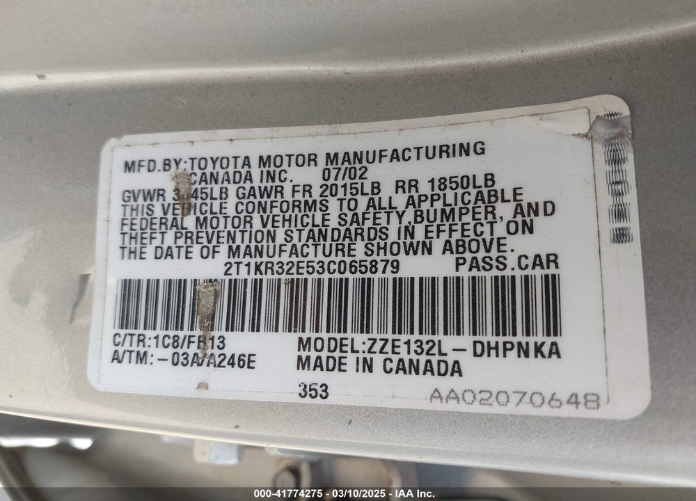 2003 TOYOTA MATRIX VIN: 2T1KR32E53C065879
