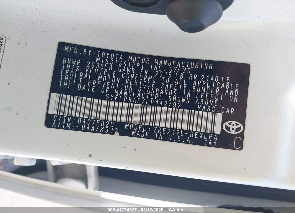 2020 TOYOTA COROLLA VIN: 5YFEPRAE7LP142792