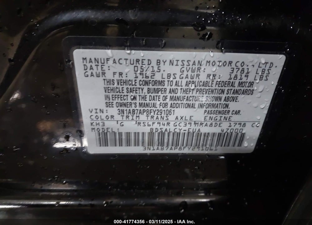 2015 NISSAN SENTRA S VIN: 3N1AB7AP8FY291061