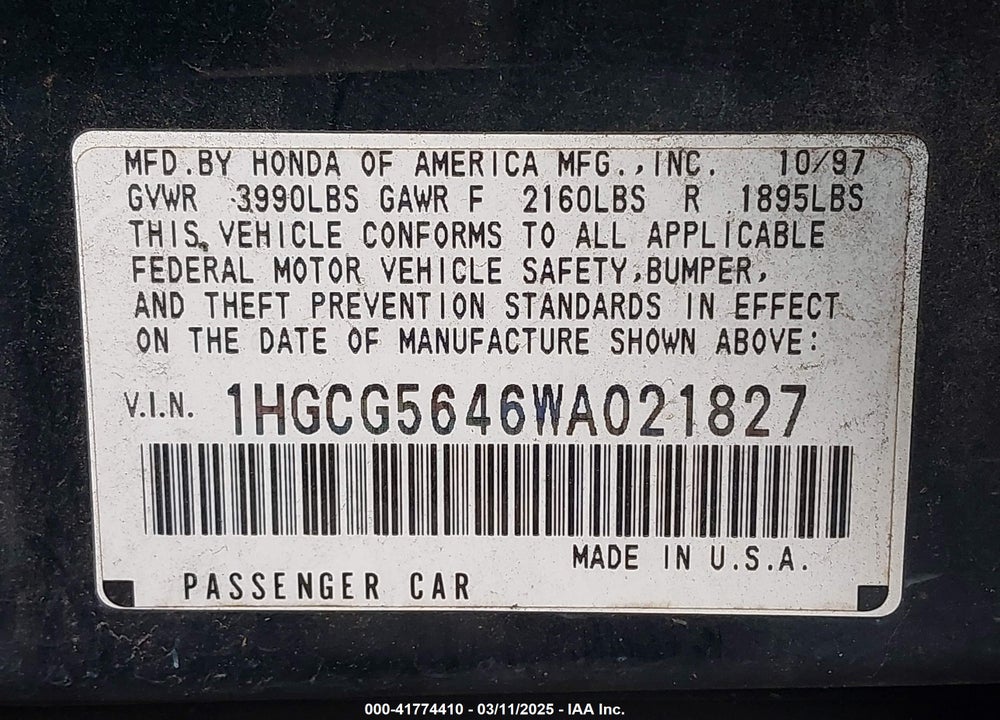 1998 HONDA ACCORD LX VIN: 1HGCG5646WA021827