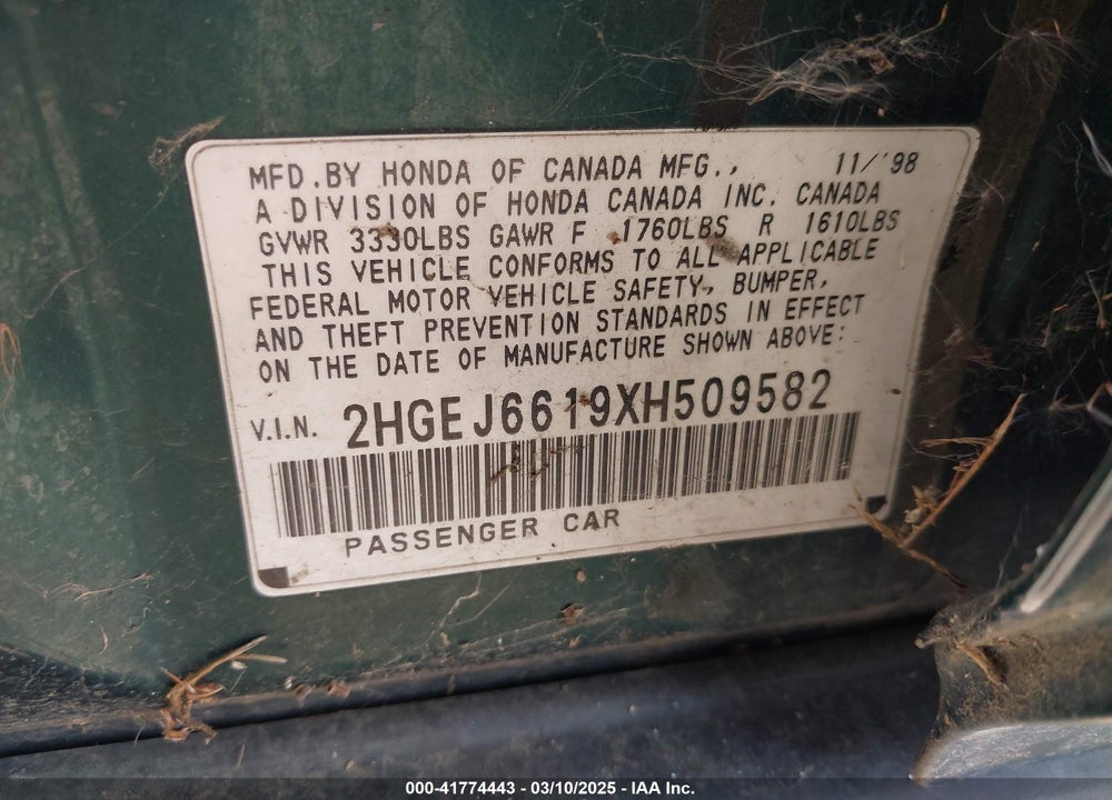 1999 HONDA CIVIC VIN: 2HGEJ6619XH509582