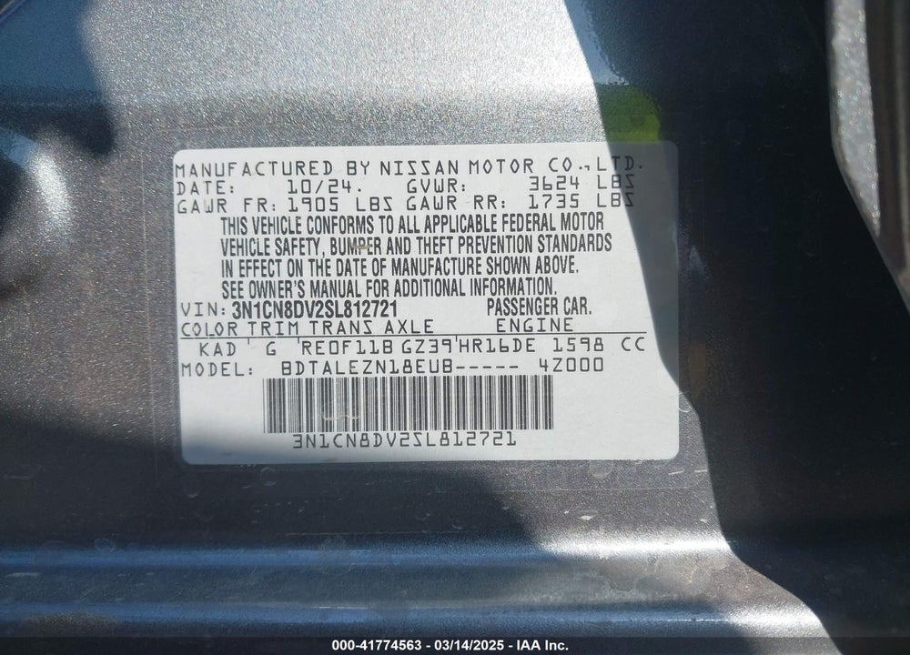 2025 NISSAN VERSA 1.6 S+ VIN: 3N1CN8DV2SL812721