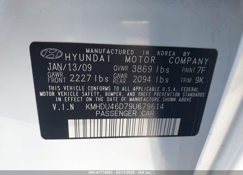 2009 HYUNDAI ELANTRA VIN: KMHDU46D79U679614