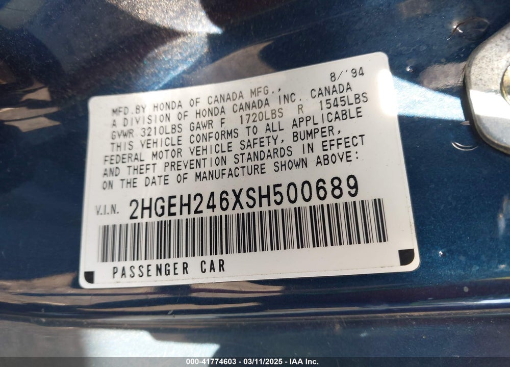 1995 HONDA CIVIC VIN: 2HGEH246XSH500689