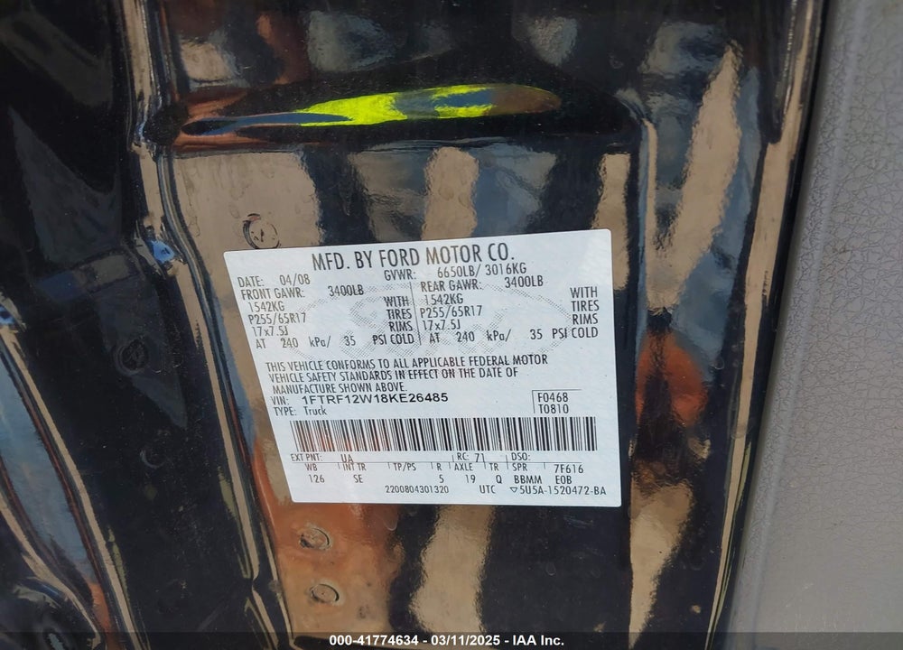 2008 FORD F-150 VIN: 1FTRF12W18KE26485