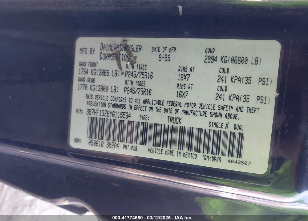2000 DODGE RAM 1500 VIN: 3B7HF13Z6YG115534