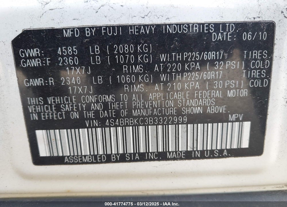2011 SUBARU OUTBACK VIN: 4S4BRBKC3B3322999