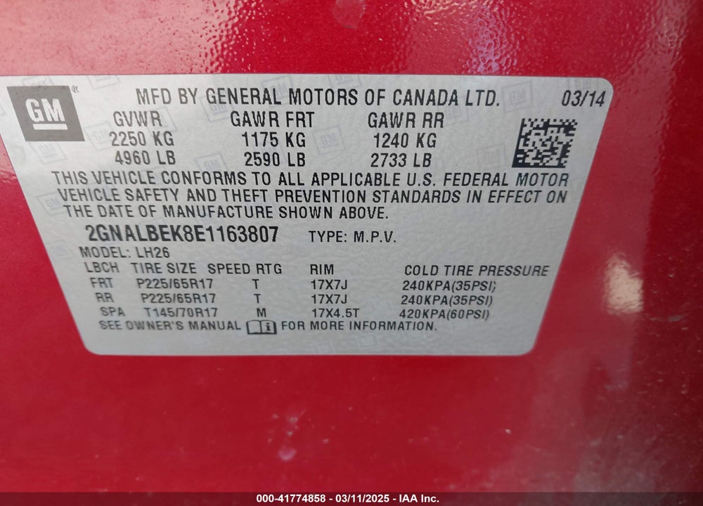 2014 CHEVROLET EQUINOX VIN: 2GNALBEK8E1163807