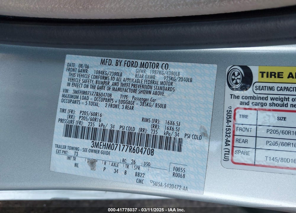 2007 MERCURY MILAN VIN: 3MEHM07177R604708