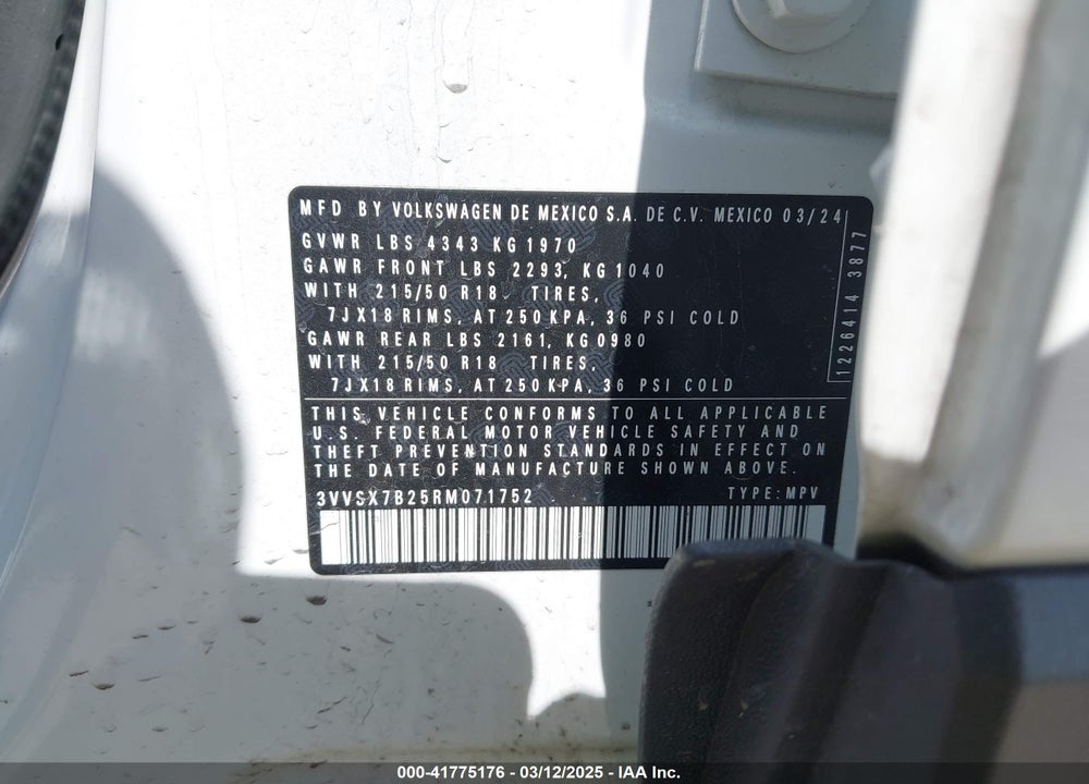2024 VOLKSWAGEN TAOS VIN: 3VVSX7B25RM071752
