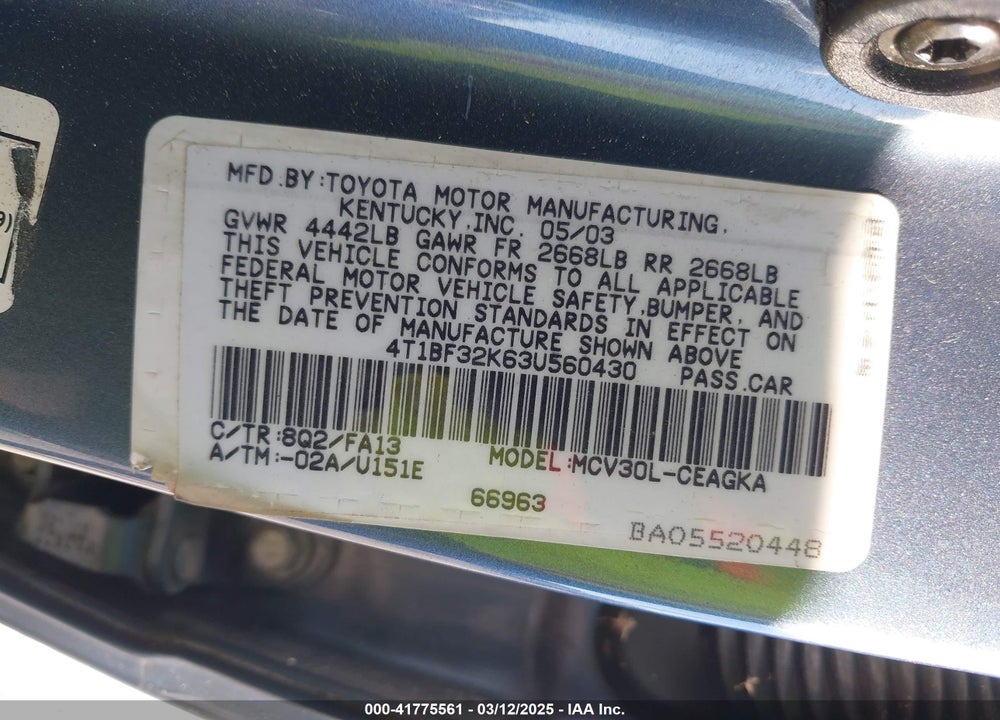 2003 TOYOTA CAMRY VIN: 4T1BF32K63U560430