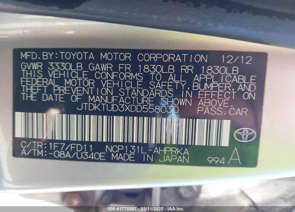 2013 TOYOTA YARIS VIN: JTDKTUD3XDD558030