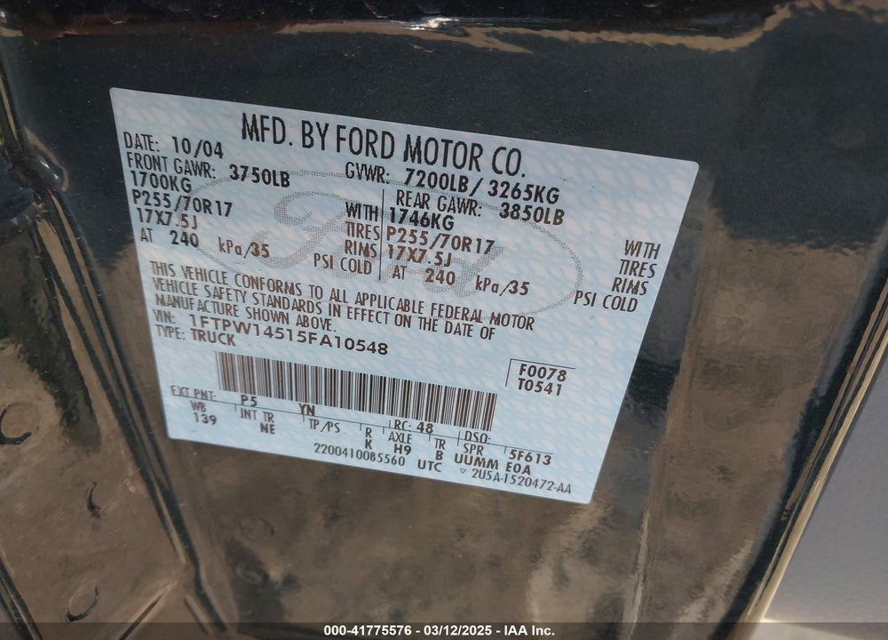 2005 FORD F-150 FX4/LARIAT/XLT VIN: 1FTPW14515FA10548