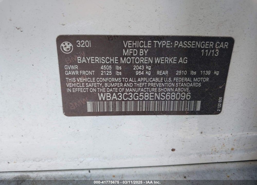 2014 BMW 320I VIN: WBA3C3G58ENS68096