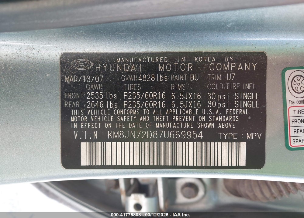 2007 HYUNDAI TUCSON VIN: KM8JN72D87U669954